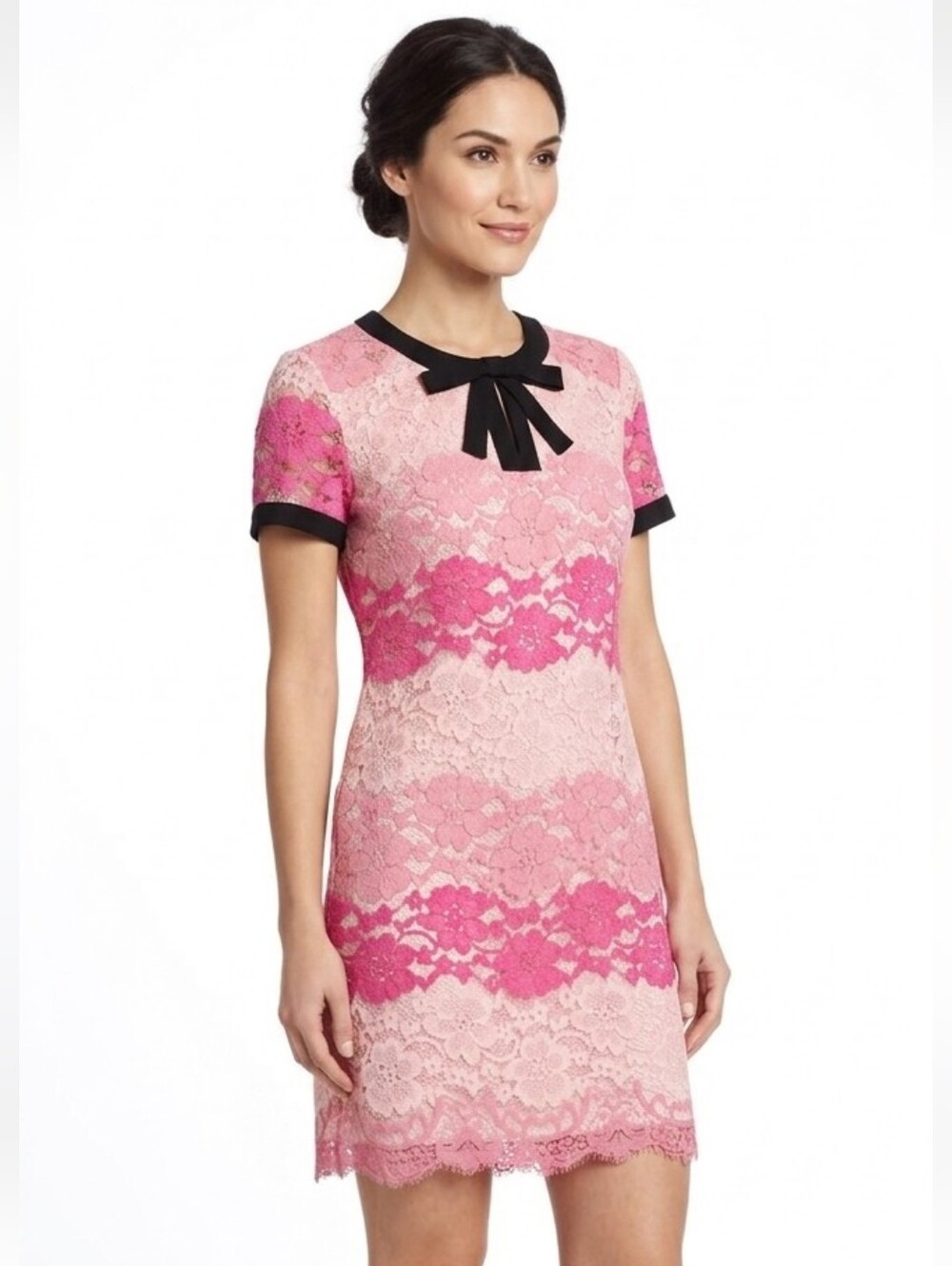CeCe Pink Floral Lace Shift Dress with Black Bow Detail  Sz 0